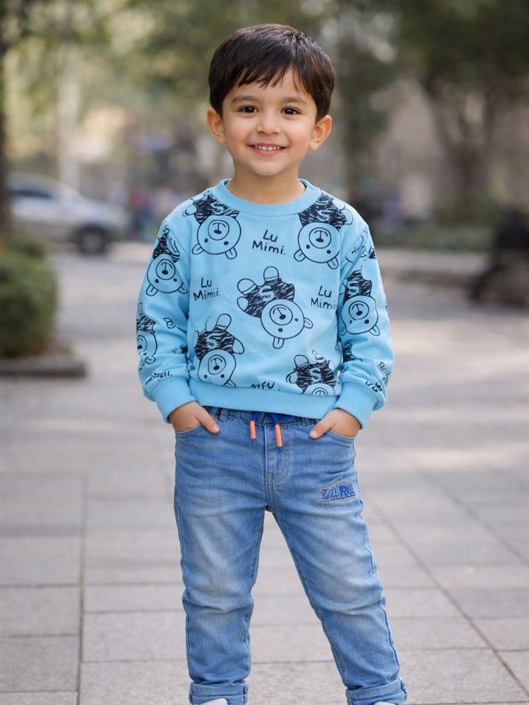 Boy wearing a blue printed sweatshirt and jeans