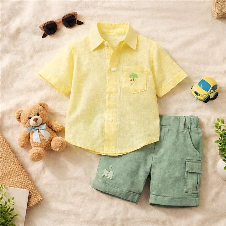 Boys yellow shirt and green shorts summer set