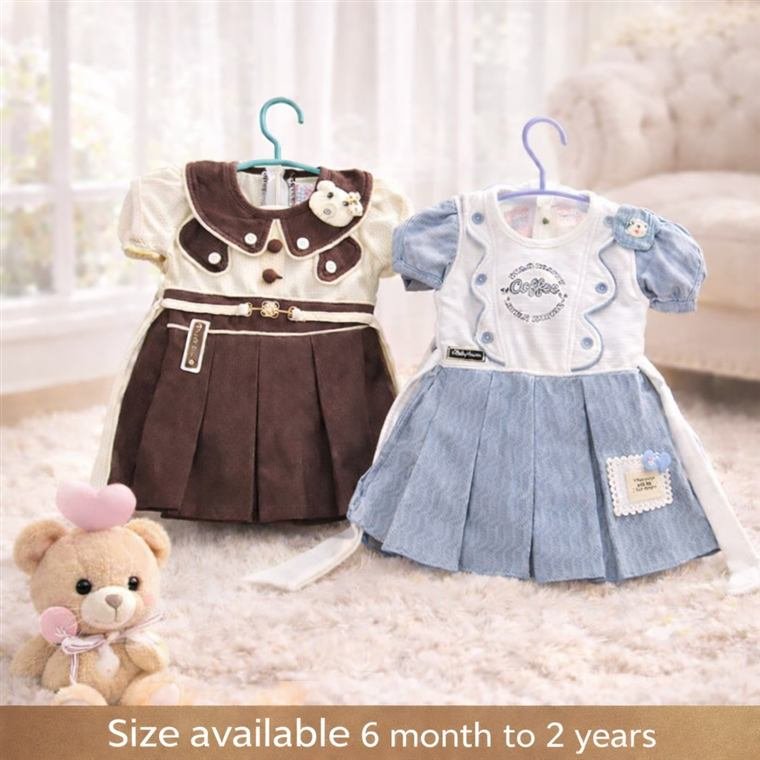 Girls dresses in brown and blue, sizes 6 months to 2 years